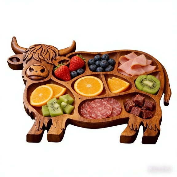 Highland Cow Charcuterie Board - Natural Solid Wood Animal Shaped Cheese Board & Serving Tray - Rustic Farmhouse Decor for Meat, Fruit & Crackers - Perfect Housewarming Gift for Cow Lovers
