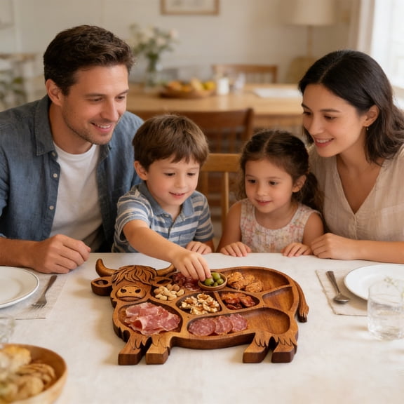 Highland Cow Charcuterie Board, Wooden Country-Style Tableware Crafted from Natural Wood, Multi-Compartment Layout Kitchen Plates Suitable for Parties Family Meals