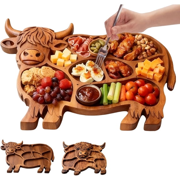 Highland Cow Charcuterie Board with Compartments, Natural Solid Wood Rustic Farmhouse Serving Board, Shaped Appetizer Board & Gift for Cow Lovers