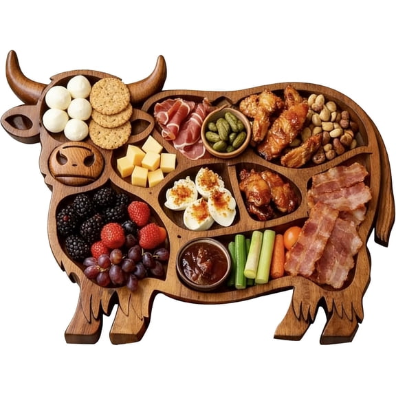 Highland Cow Cheese Board — Rustic Wood Charcuterie Serving Board with Compartments, Handmade Natural Solid Wood Farmhouse Platter for Cheese, Fruit & Entertaining