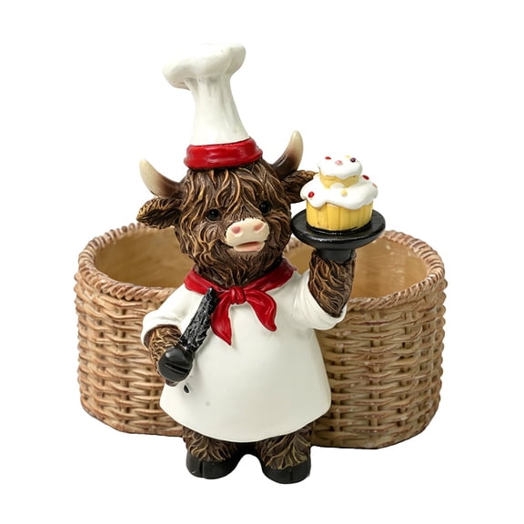 Highland Cow Chef Figurine with Dual Storage Baskets, Hand-Painted Resin Kitchen Organizer for Coffee Bar, Countertop, Farmhouse Home Decor
