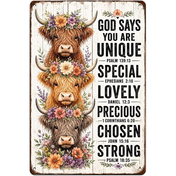 Highland Cow Christian Metal Sign, Floral Faith Wall Decor | Rustic floral Highland cows with uplifting scripture-inspired words, metal wall decor