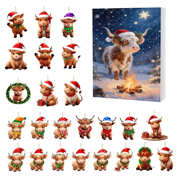 Highland Cow Christmas Advent Calendar 2025 24 Days Countdown Acrylic Ornaments Set, Cartoon Cow Hanging Decorations for Xmas Tree Home Party Holiday Festive Decor (2D)