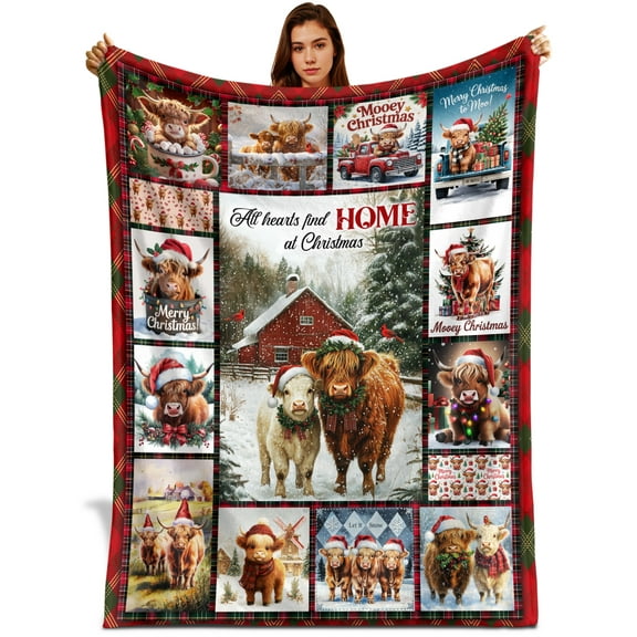 Highland Cow Christmas Blanket, Cute Cow Holiday Throw with Santa Hats and Red Barn, Rustic Farmhouse Winter Fleece Blanket, Birthday Christmas Gift for Farm Animal Lovers, Bed Couch