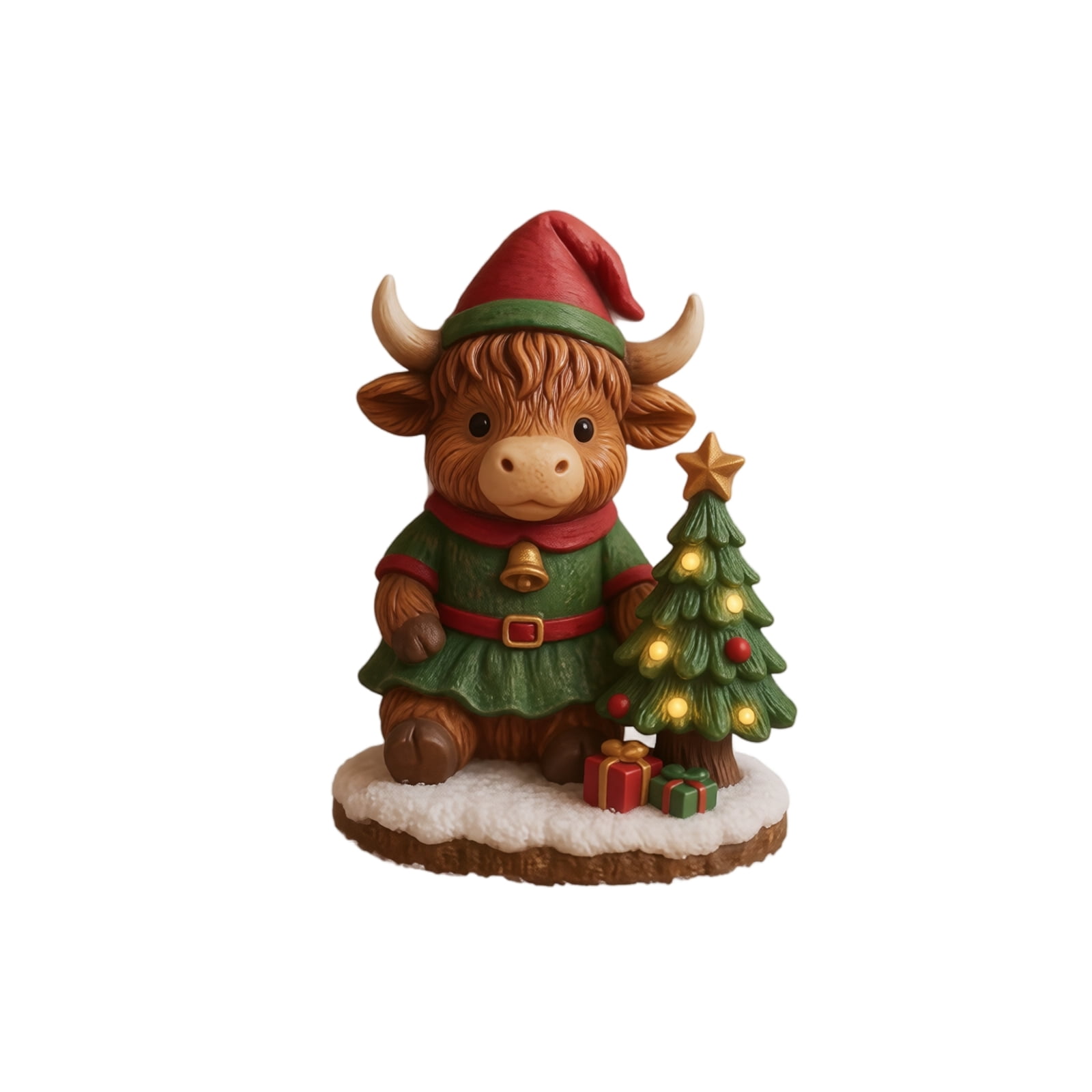 Highland Cow Christmas Decoration with Light-Up Tree and Elf, Green and