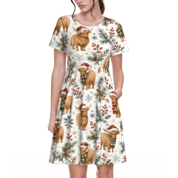 Highland Cow Christmas Dresses Short Sleeve Nightdresses for Women