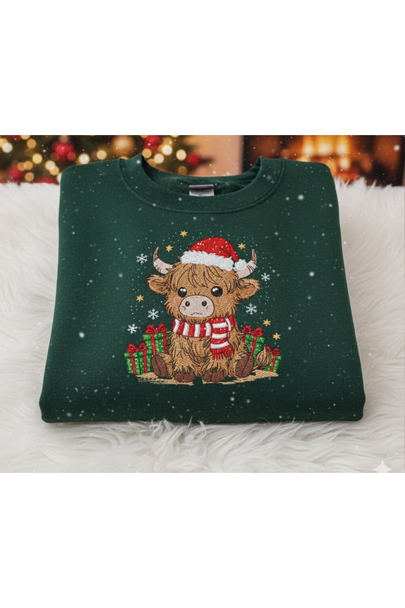 Highland Cow Christmas Embroidered Sweatshirt, Cute Farm Animal Holiday Sweater, Western Xmas Shirt, Country Cow Lover Gift