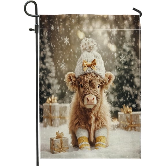 Highland Cow Christmas Garden Flag 12x18 Inch Double Sided Standard Vertical Canvas Holiday Yard Lawn Decoration