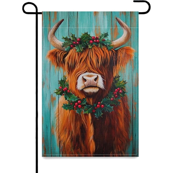 Highland Cow Christmas Holly Garden Flag 12x18 Inch Double Sided Outdoor Farmhouse Yard Decoration