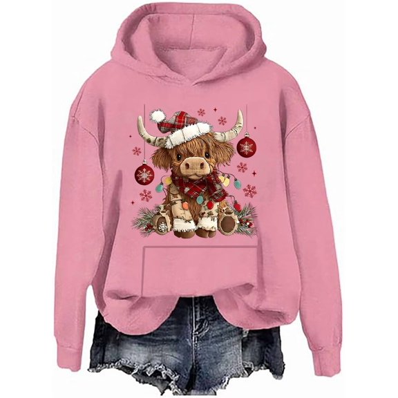 Highland Cow Christmas Hoodie Christmas Highland Cow Sweatshirt Cows Lover Santa Hat Pullover Shirts