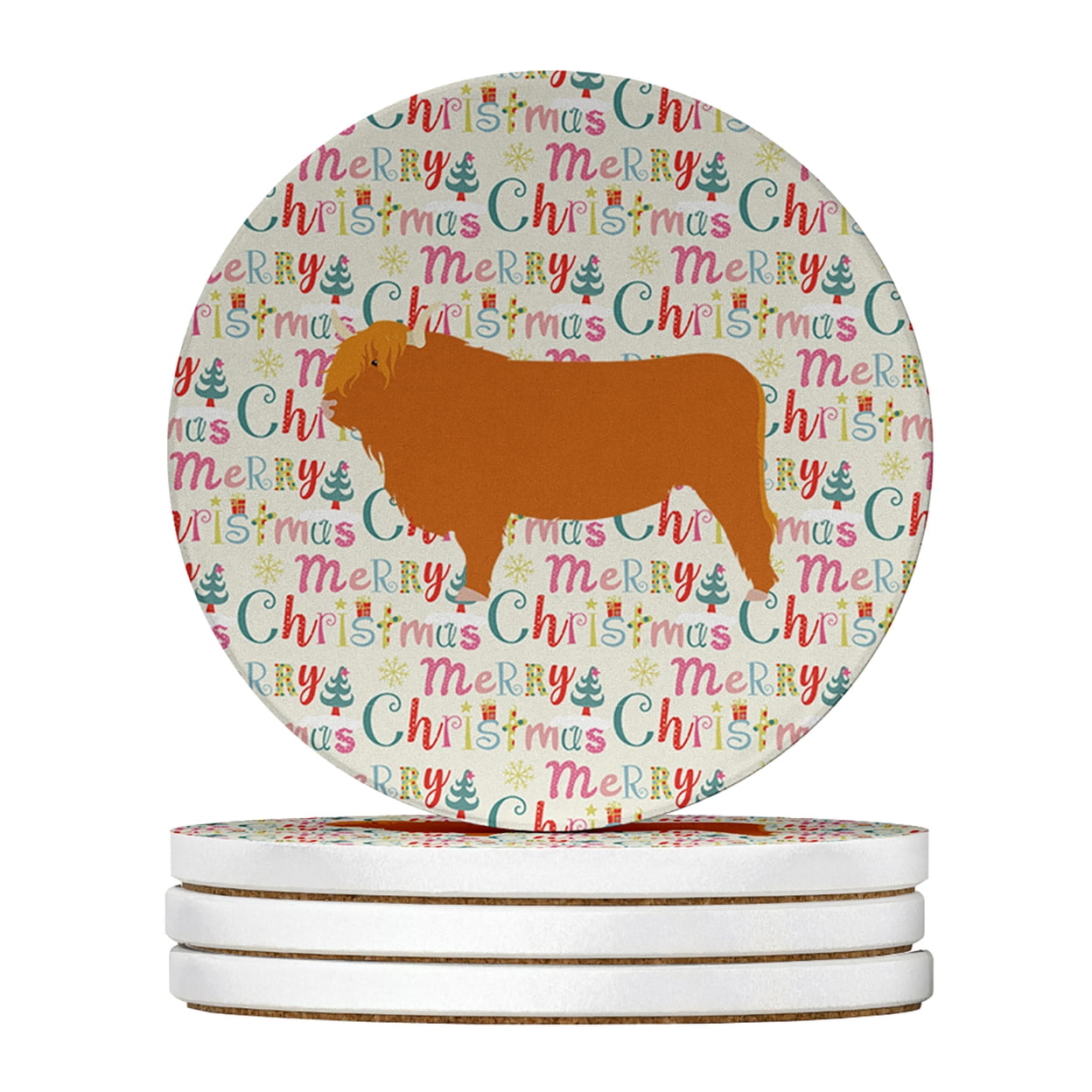 Highland Cow Christmas Large Sandstone Coasters Pack of 4 4 in x 4 in