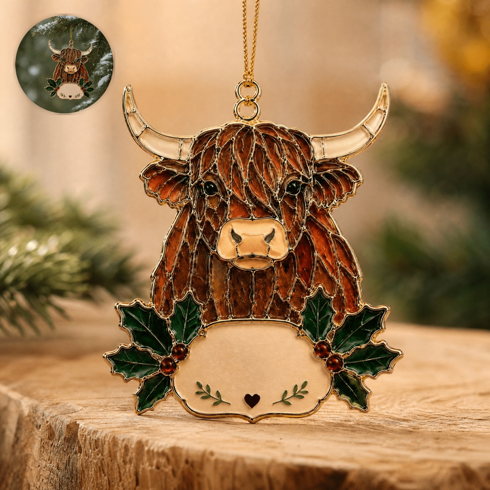 Highland Cow Christmas Ornament Stained Glass Style Farm Animal Pendant ...