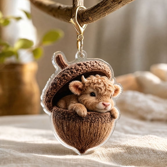 Highland Cow Christmas Ornaments, 2D Acrylic Keyring with Cute Highland Cow in Acorn, Xmas Tree Hanging Decor Bag Charm Holiday Gift