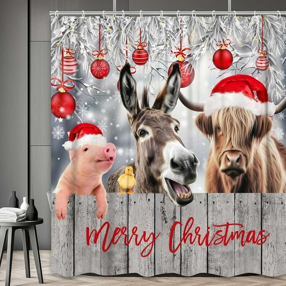 Highland Cow Christmas Shower Curtain, Funny Animals Pig Rustic Wooden Board Winter Farmhouse Snow Shower Curtain, Red Xmas Ball Pine Tree Bathroom Accessories Curtains Set with Hooks, 72X72in