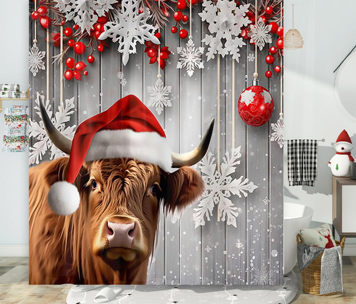 Highland Cow Christmas Shower Curtain, Funny Animals on Rustic Wooden Board Winter Farmhouse Snow Bathroom Bathtubs Decor, Polyester Fabric Xmas Pine Snowflake Bathroom Accessories with Hooks, 60X70in