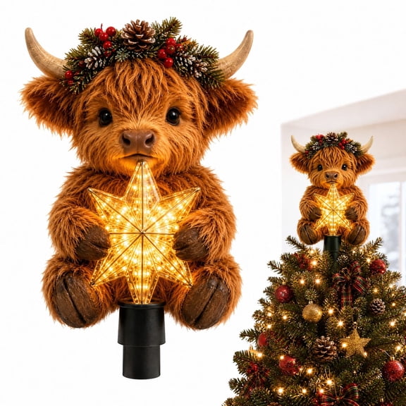 Highland Cow Christmas Tree Topper with Lighted Star and Floral Wreath Crown, Brown Furry Design, for Holiday Tree Display, Christmas Ornament