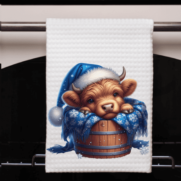 Highland Cow Christmas Waffle Weave Kitchen Towel Snowflakes Blue Decor - 16x24 Inch