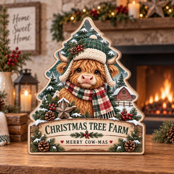 Highland Cow Christmas Wooden Block Tree Farm Shelf Sitter for Rustic Holiday Decor