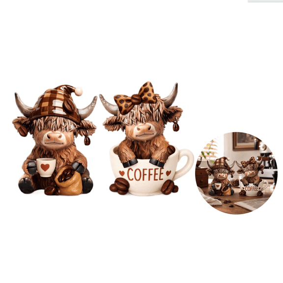 Highland Cow Coffee Resin Statue 2 Pcs, Tabletop Figurine, Home and Office Desk Decor