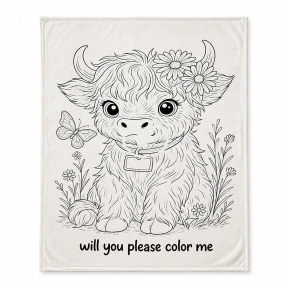 Highland Cow Coloring Style Fleece Throw Blanket, Soft 280 Gsm Polyester, Western Farmhouse Decor for Couch, Sofa & Bed