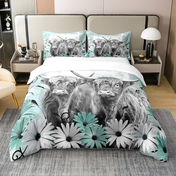Highland Cow Comforter Cover Longhorn Bull Cattle Duvet Cover, Western Farmhouse Animals Bedding Set, Retro Vintage Grunge Bed Set Cowboy Gifts for Men, Teal Flower Ombre Art Room Decor King