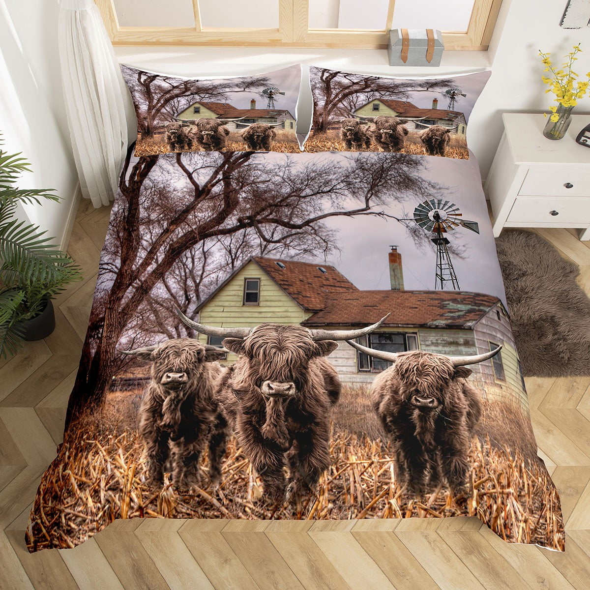 Highland Cow Comforter Cover Rustic Farm Animal Bedding Set for Girls