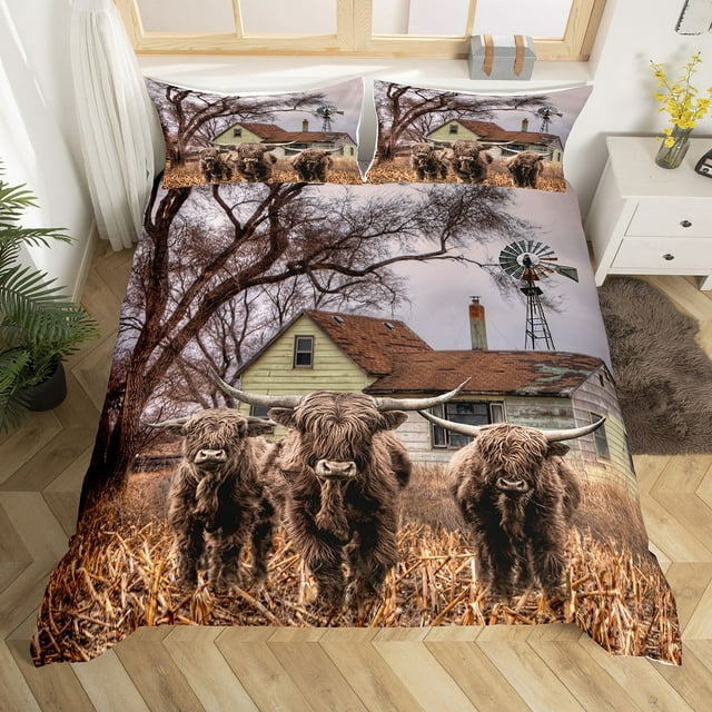 Highland Cow Comforter Cover Rustic Farm Animal Bedding Set for Girls Boys Windmill Cabin Lodge