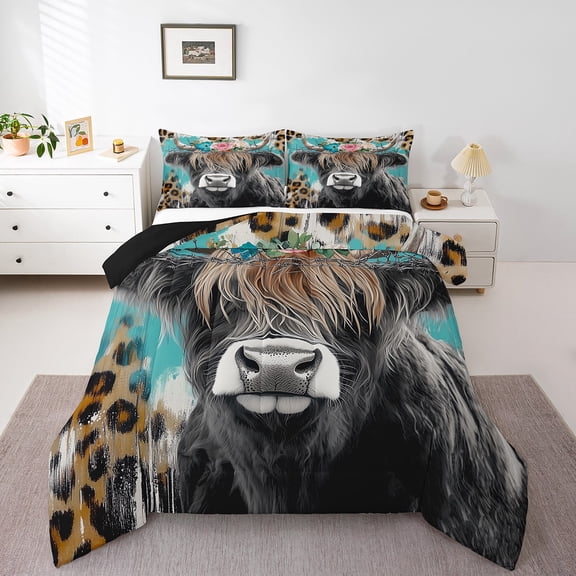 Highland Cow Comforter Set Cowhide Leopard Print Bedding Set King,Western Animals Quilt Cheetah Animal Hide Longhorn Bull Cattle Duvet Insert,Farm Wildlife Farmhouse Decor Cowboys Gifts for Men
