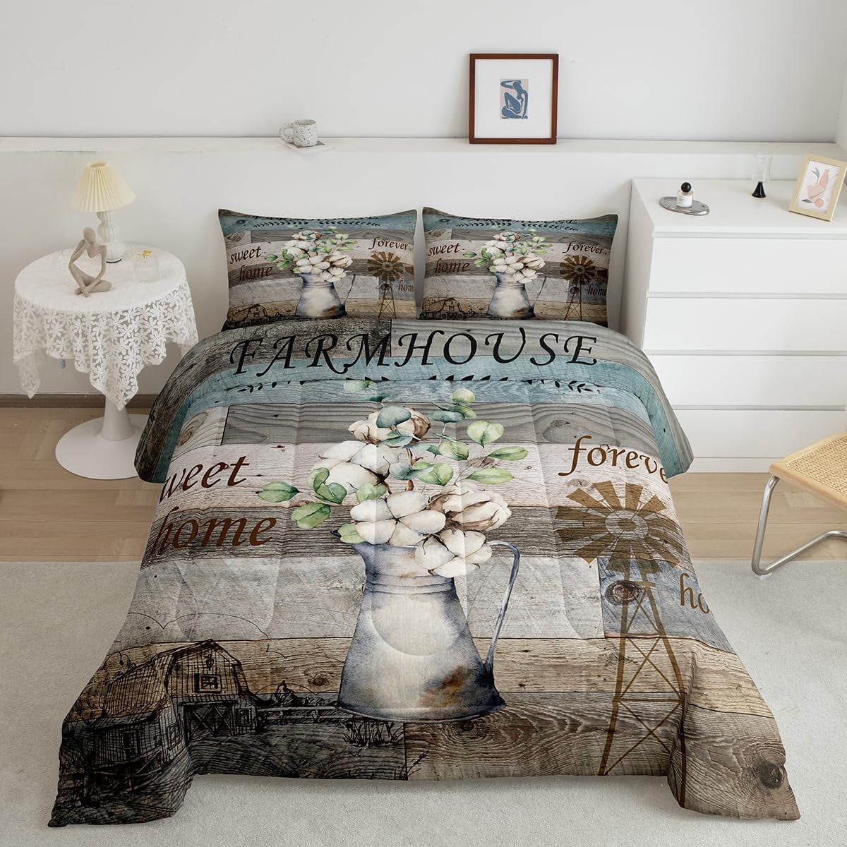 Highland Cow Comforter Set Garden Windmill Decor Farmhouse Bedding Set King Country Cabin Quilt ...