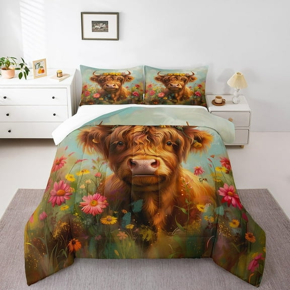 Highland Cow Comforter Set King Rustic Farm Animal Bedding Sets, Western Farmhouse Cabin Lodge Comforter Set Botanical Flowers Duvet Insert With 2 Pillow Case, Teal Brown