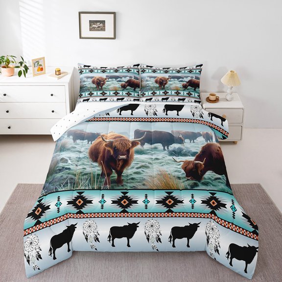Highland Cow Comforter Set Longhorn Bull Southwestern Native Aztec Bedding Set,Cowboy Western Animals Duvet Insert Bohemian Exotic Nordic Style Dream Catchers Quilt King,Indian Tribal Boho Decor