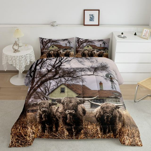 Highland Cow Comforter Set Rustic Farm Animal Bedding for Girls Boys Windmill Cabin Lodge Decor