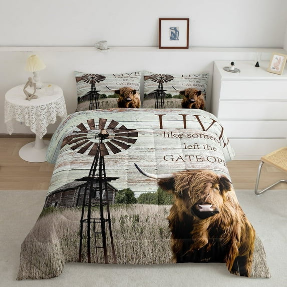 Highland Cow Comforter Set Garden Windmill Decor Farmhouse Bedding Set Full,Country Lodge Cabin Quilt Rustic Cottage Old Barn Door Duvet Insert,Vintage Farm Pinwheel Winnower Western Decor