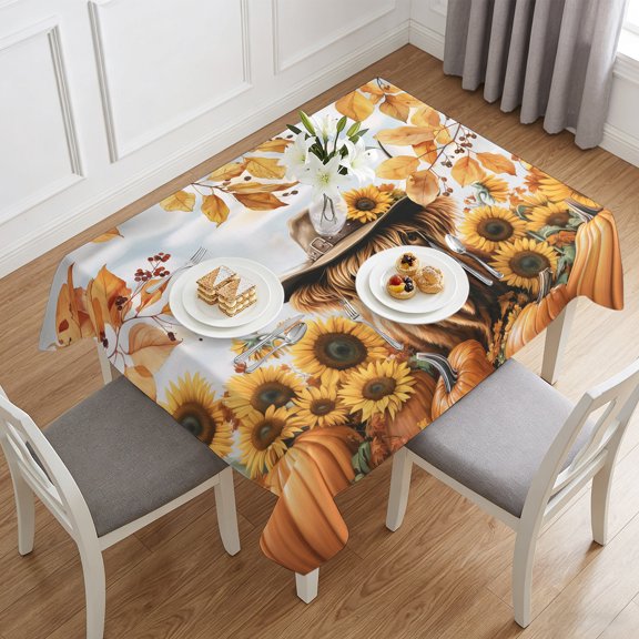 Highland Cow Cowboy Hat Thanksgiving Pumpkin Table Cloth 60x84in, Waterproof Rectangle Tablecloth Wipeable Tablecloths Fall Sunflower Leaves Table Covers for Dining Tables Party Indoor Outdoor