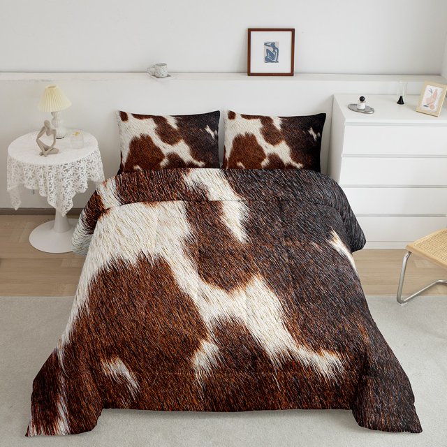 Highland Cow Cowhide Bedding,Black Brown Milk Cow Print Down Comforter Full,Rustic Farm Animal