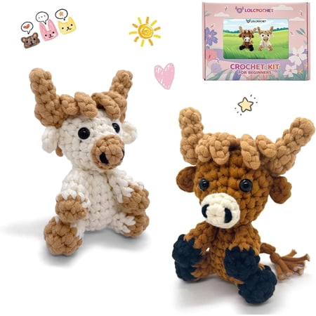 Highland Cow Crochet Kit for Beginners, Learn to Crochet Starter Set with Step-by-Step Video Tutorial & Crocheting Manual, Easy Yarn Knitting Kit for Adult & Kid, Stuffed Animal Doll for Xmas Gift