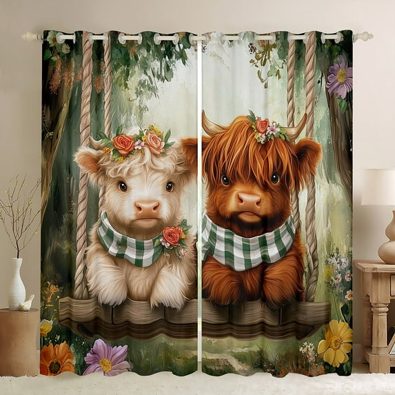 Highland Cow Curtains 52x84 inch for Cow,Cute Floral Cow 30%-50% Blackout Curtains 30-50%,Rustic Cowhide Curtains Drapes,Farmhouse Animal Window Treatments 2 Panels for Living Room