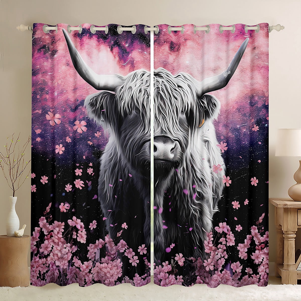 Highland Cow Blackout Curtains - Farmhouse Window Drapes Set Of 2 Panels, 42x63 Inch, 80% Light Blocking