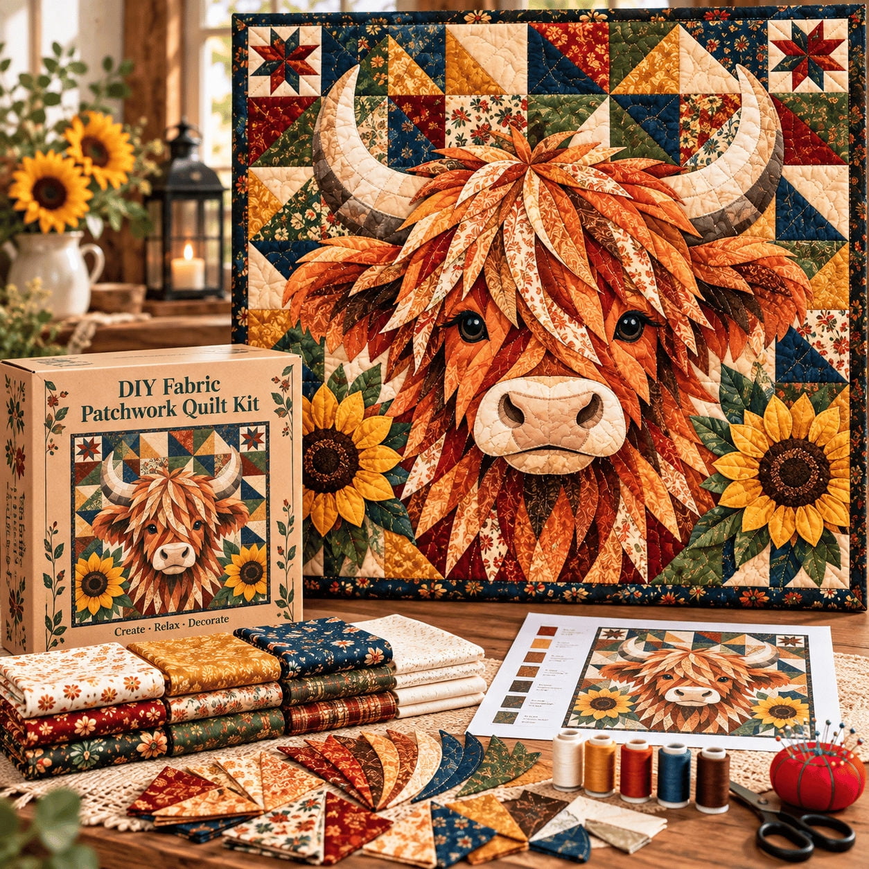 Highland Cow DIY Patchwork Quilt Kit Sunflower Fabric Sewing Craft Set ...