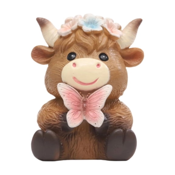 Highland Cow Decor, Highland Cow Figurine, Resin Brown Scottish Cattle Figurines, Farmhouse Tiered Tray Statue, Highland Cow Gifts for Garden Table Shelf Home Decor (Butterfly)