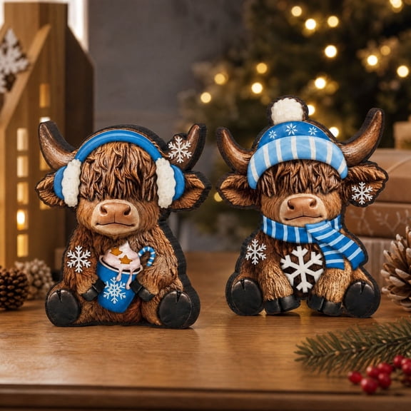 Highland Cow Decor with 2D Flat Wooden Design and Winter Snowflake Theme, Blue and Brown, for Farmhouse Christmas Home Shelf, Figurines, 2 Pack