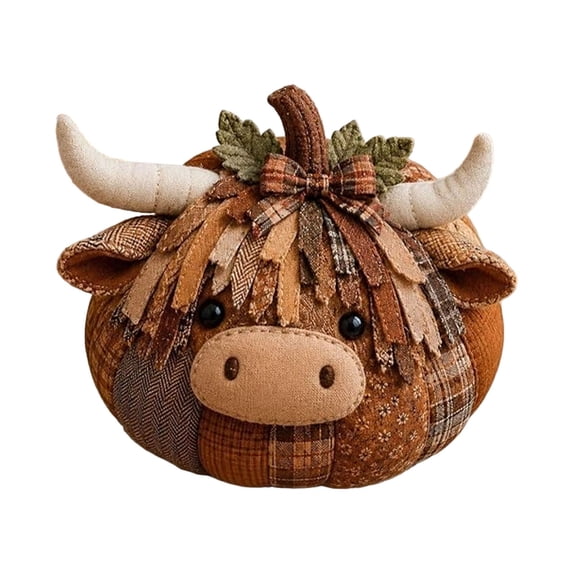Highland Cow Decorative Pumpkin, One Finished Cloth Pumpkin Decoration with Highland Cow Theme, for Fall Tabletop, Shelf, Mantel, Halloween, Thanksgiving, and Autumn Home Decor, Multicolor, Style