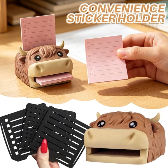 Highland Cow Desk Organizer, 3D Printed Sticky Note Dispenser Animal Shapes Note Holder with Three Reusable Stencil for Office Workers Students Desk Accessory Storage