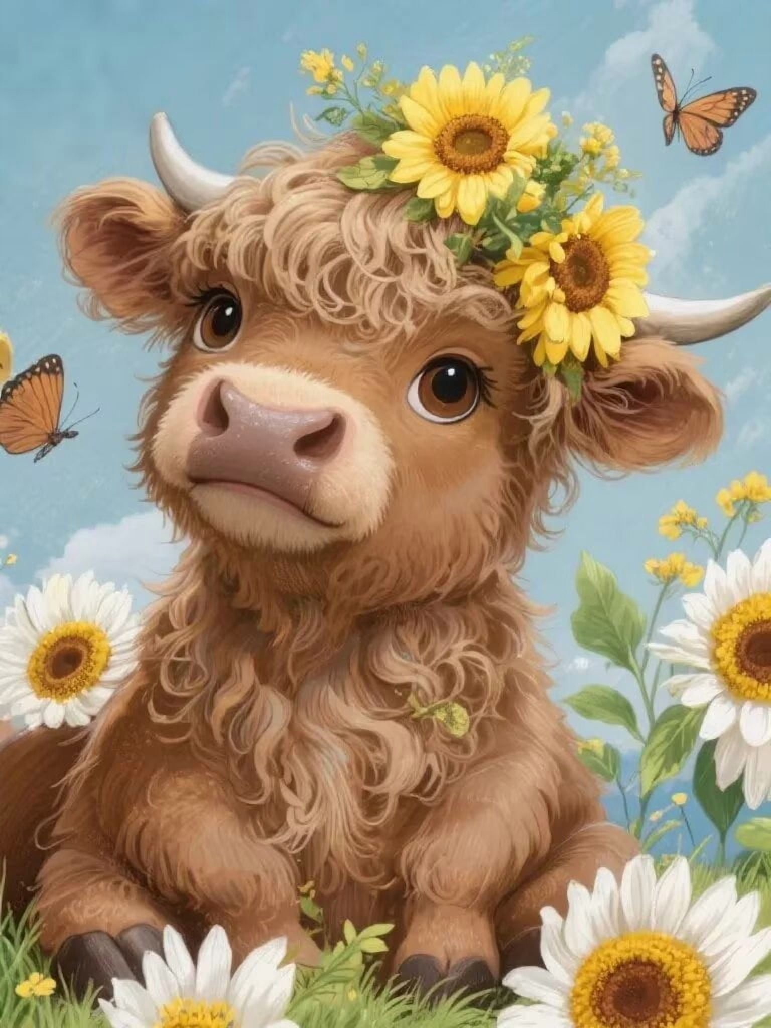 MEIYUDA DIY Cow Diamond Painting Desktop Ornament – Cute Cow & Sunflowers, 8.68x9.36 Inch Kit