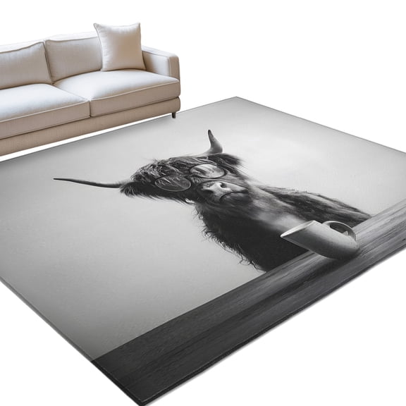 Highland Cow Drinking Coffee Area Rugs 6x9ft Funny Animal Floor Rug&nbsp;Non Slip Low Pile Ultra Soft Throw Carpet for Entryway Indoor Entrance Kitchen Bathroom