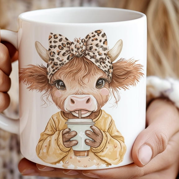 Highland Cow Drinking Iced Coffee Ceramic Mug, Coquette, Funny Animal Print Cup, Gift for Coffee Lovers, Farmhouse Kitchen Decor, Birthday