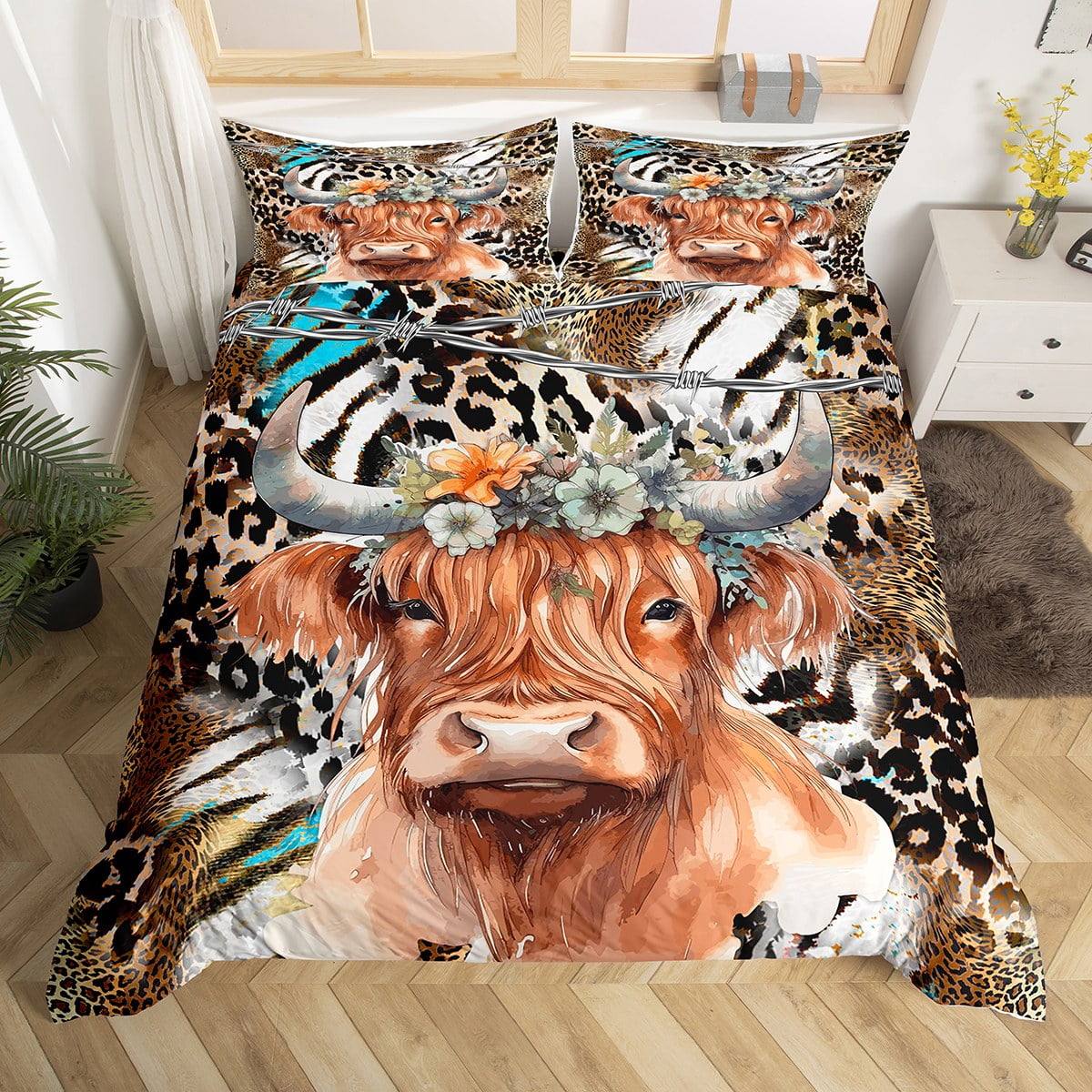 Highland Cow Duvet Cover Cowhide Leopard Print Bedding Set Twin,Western Animals Comforter Cover