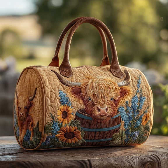 Highland Cow Embroidered Weekender Bag Quilted Travel Tote Portable Carryall for Daily Use Vacation Trip Travel Bag Dad Ideal Gift