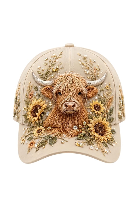 Highland Cow Embroidery Cap, Adjustable Cotton Floral Animal Sun Hat, Farmhouse Outdoor Headwear for Women and Men