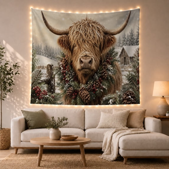 Highland Cow with Evergreen Wreath in a Snowy Farm, Cozy Rustic for Animal Lovers, Winter Wall Art, Christmas Gift, Tapestry Wall Hanging for Living Room and Den